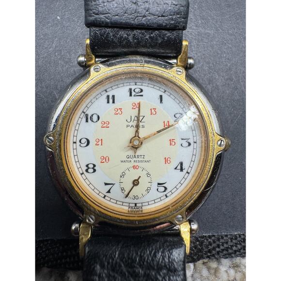 Vintage Jaz Paris Two-Tone Ladies Quartz Watch Y3XQ290 Black Leather Band 30mm - Picture 1 of 14